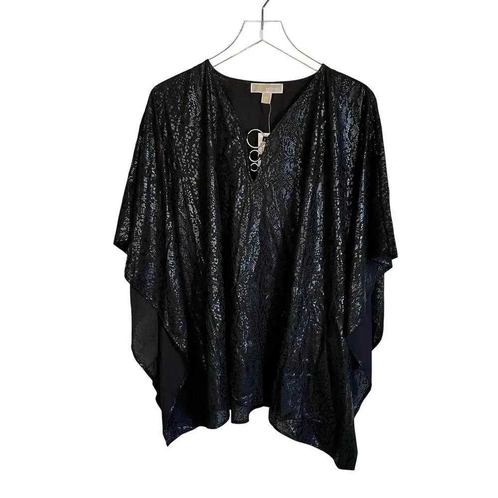 NWT Michael Kors Black Snake Textured Crepe Ring Flutter Sleeve Top Size L/XL